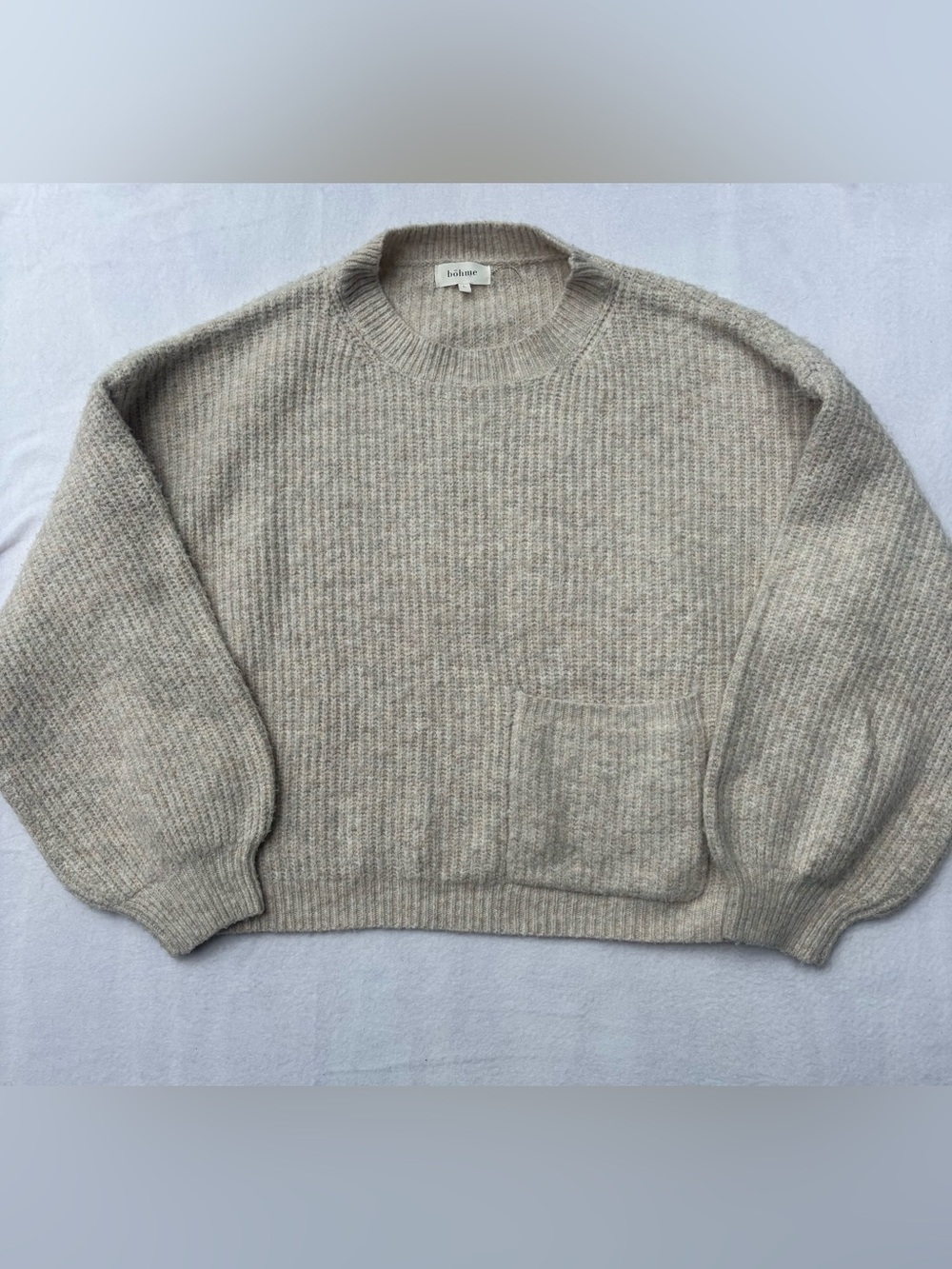 bohme Neutral Beige Ribbed Crewneck Sweater with Pocket